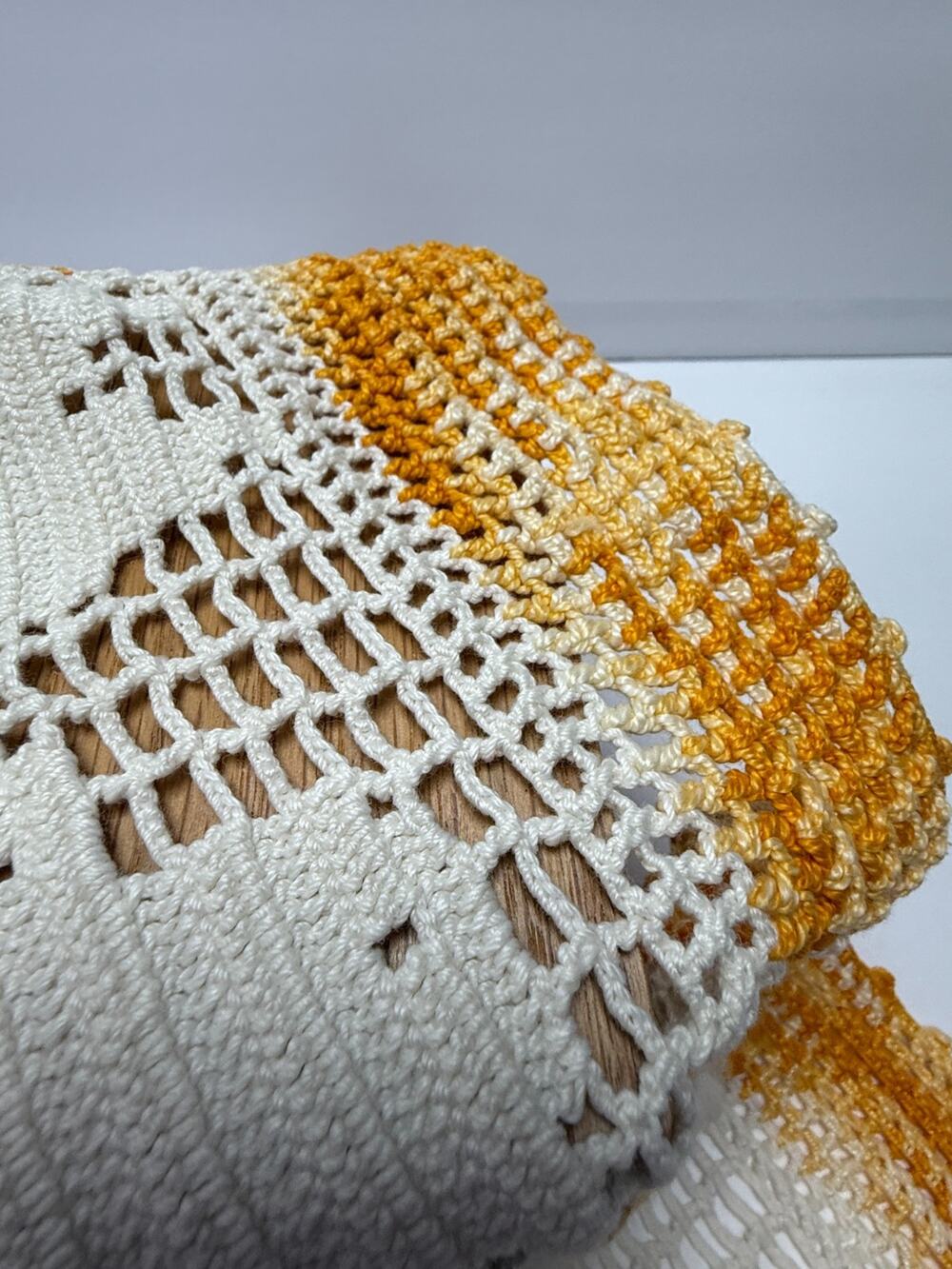 Vintage Hand Crocheted Cotton Dresser Scarf Cream Gold Trim Handmade Runner N/A